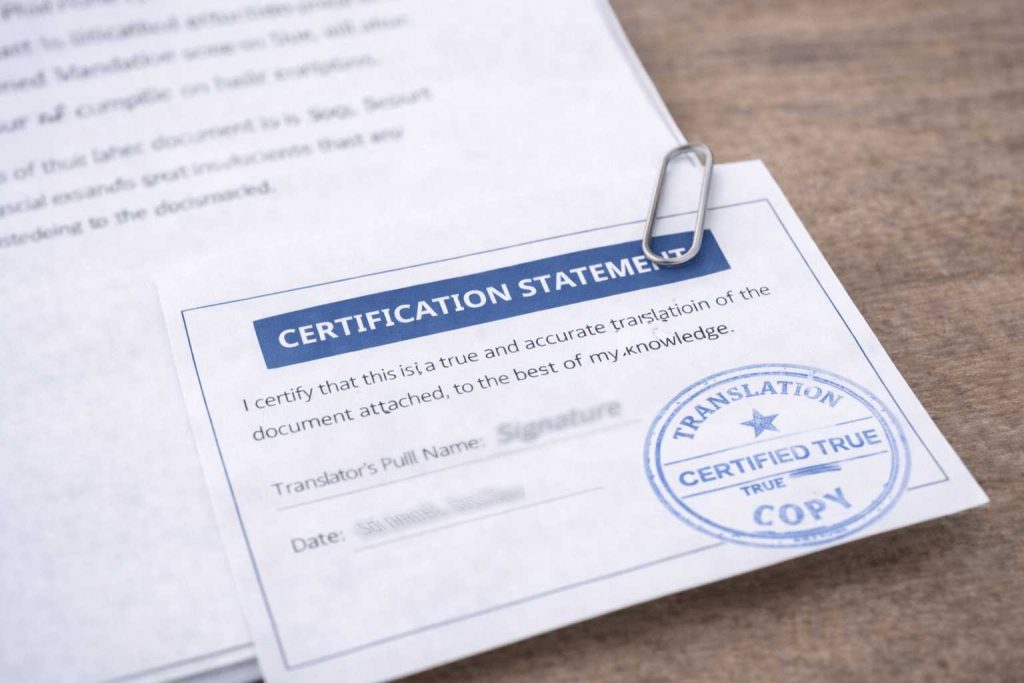 Certified Arabic translation with signed certification statement
