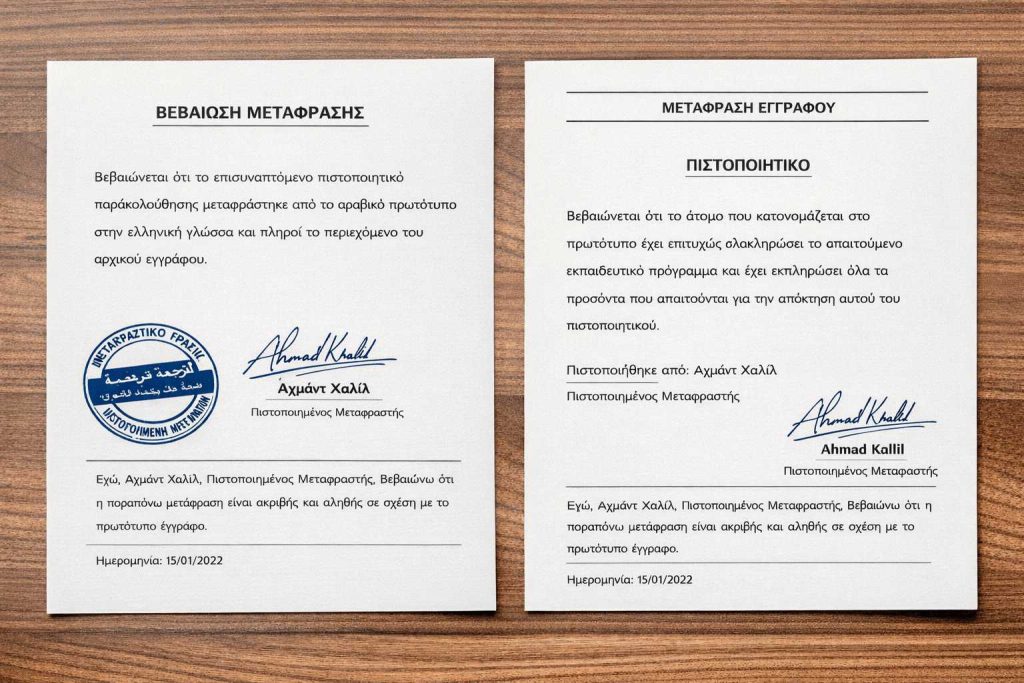 certified Greek translation with certification statement for UK submission