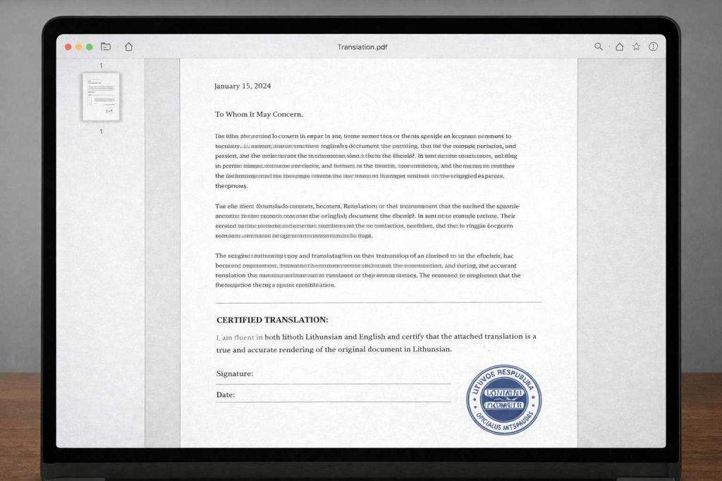 certified Lithuanian translation PDF with signed certification statement