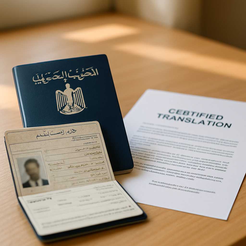 A close up shot of an Arabic passport open on a desk, with a certified translation document beside i
