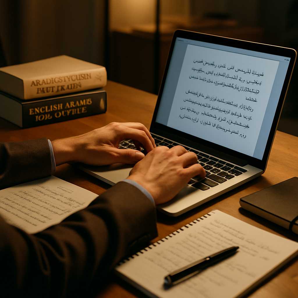 A professional image depicting a translator working at a desk with Arabic documents and a laptop, wa