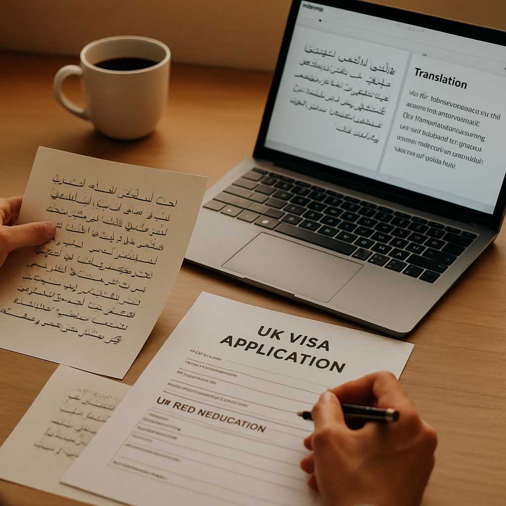 A professional image depicting a translator working on Arabic documents for a UK visa application. T