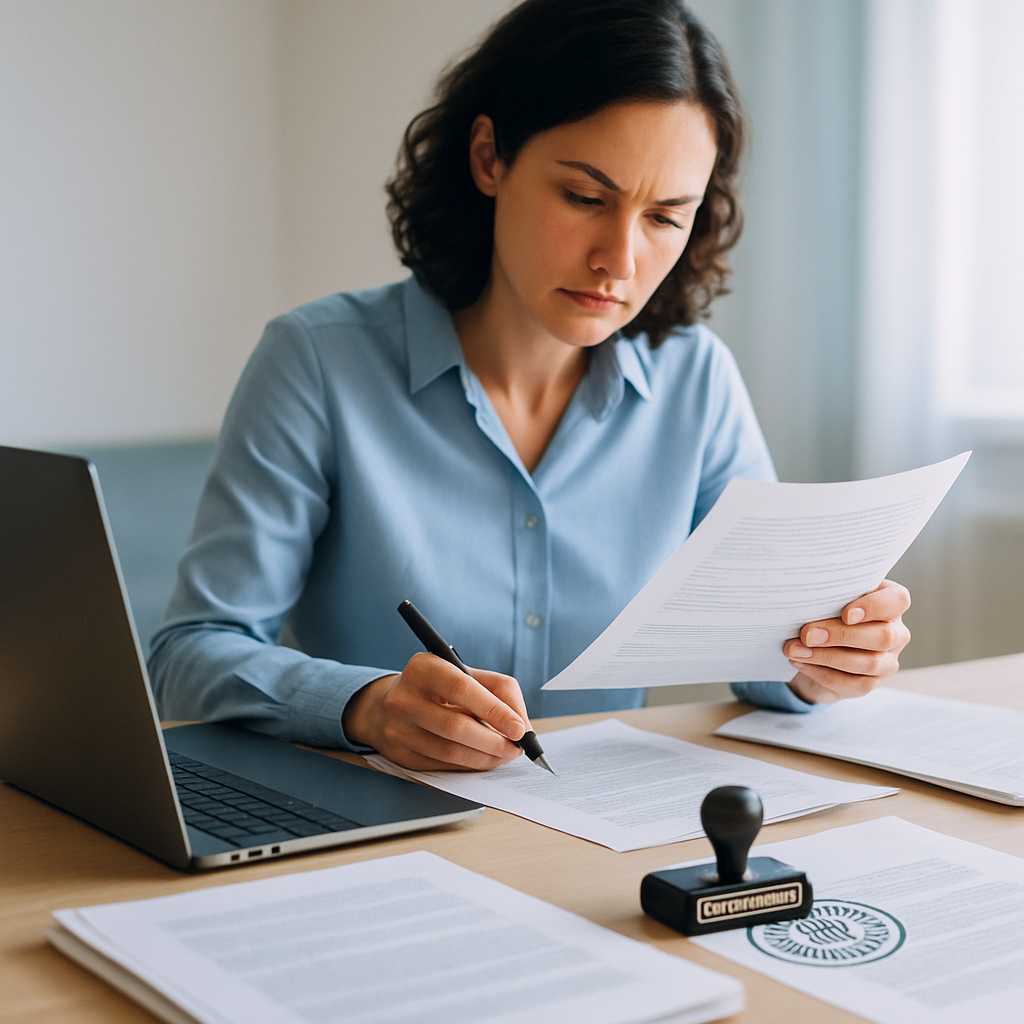 A professional image depicting a translator working at a desk, surrounded by documents and a laptop,
