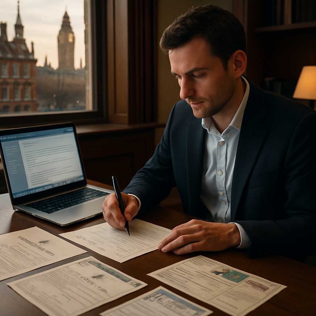 A professional office setting in London with a certified translator working on documents, warm light