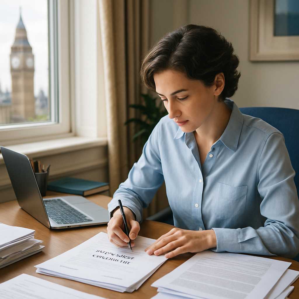 A professional office setting in London, showcasing a translator working diligently at a desk filled