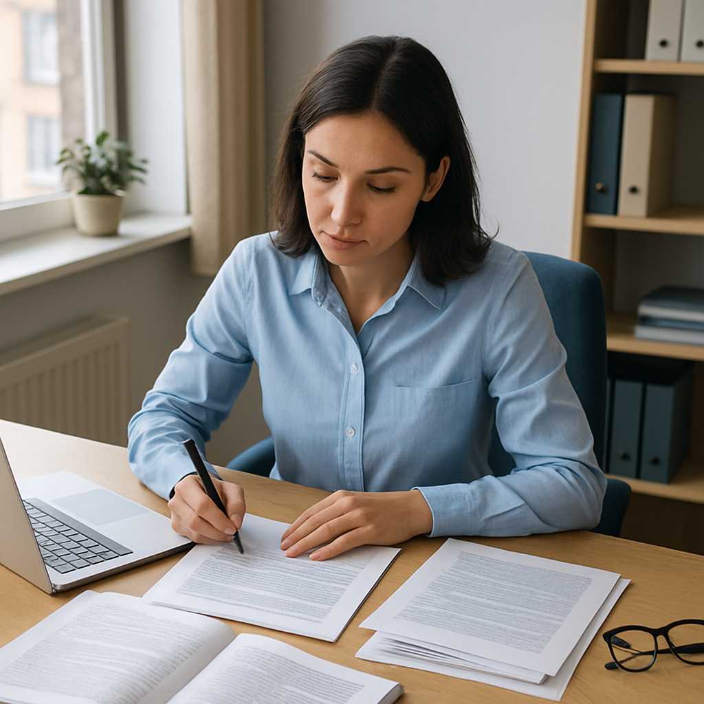 A professional office setting featuring a translator working diligently at a desk, surrounded by var