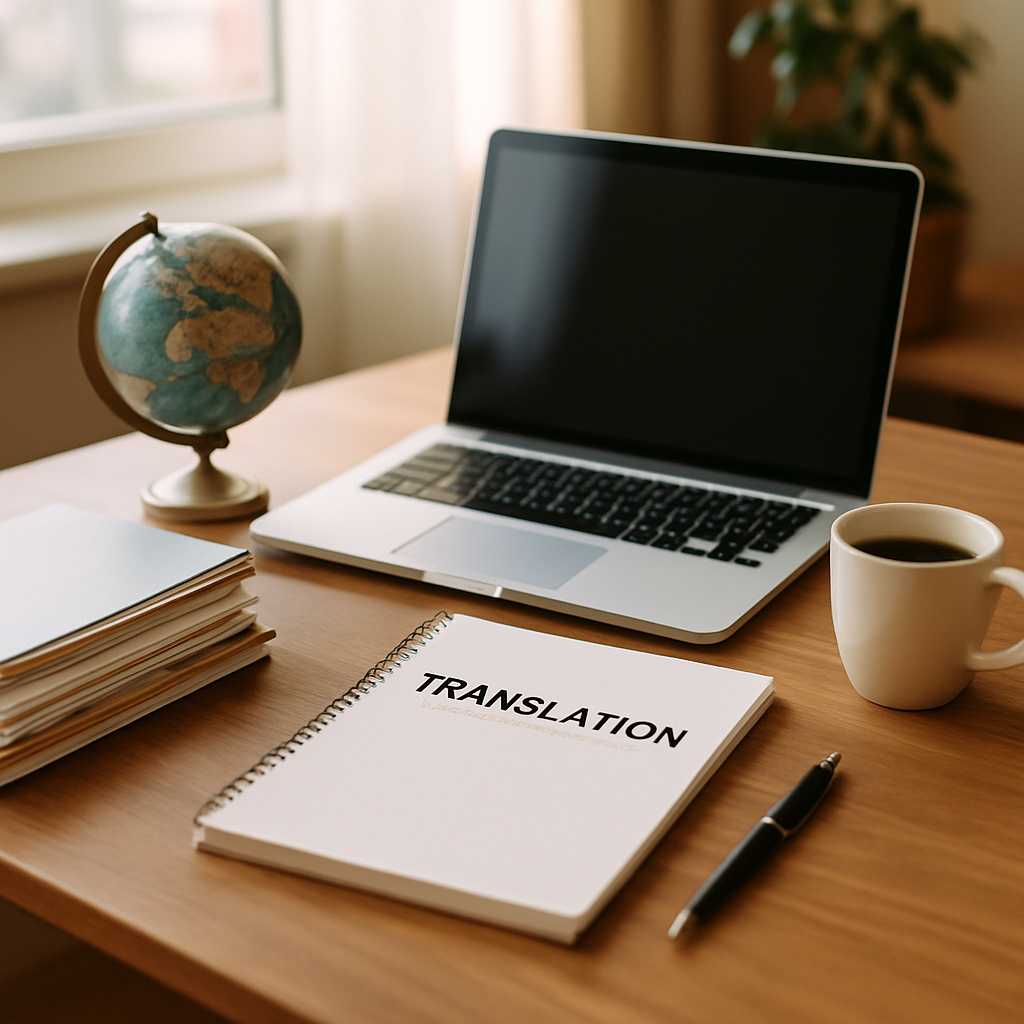 A professional workspace featuring a translator's desk with a laptop, stacks of documents, and a cup