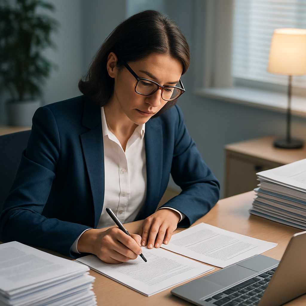 A professional office setting with a translator working diligently at a desk, surrounded by stacks o