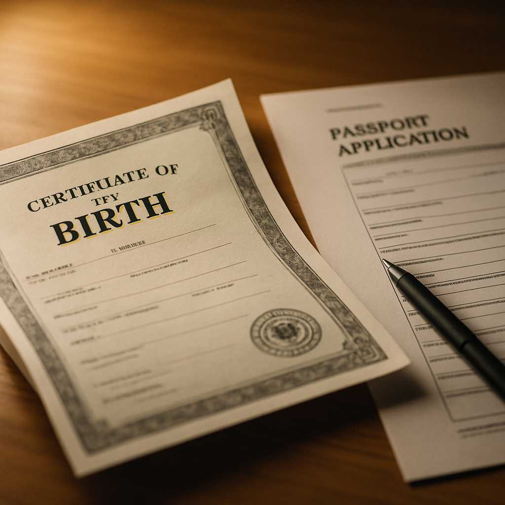 A close up shot of a certified birth certificate alongside a passport application form on a wooden d