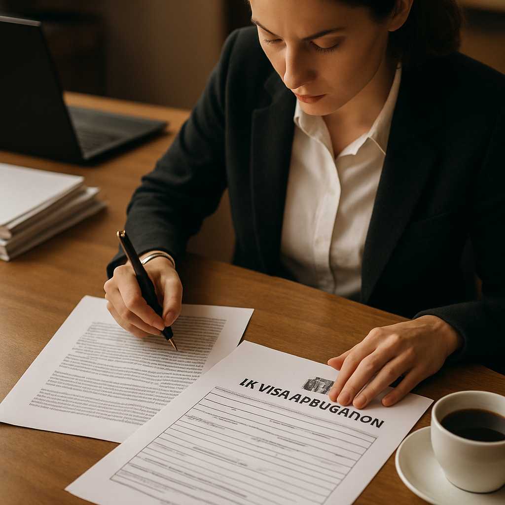 A professional setting where a translator is working on a document, with a focus on a UK visa applic