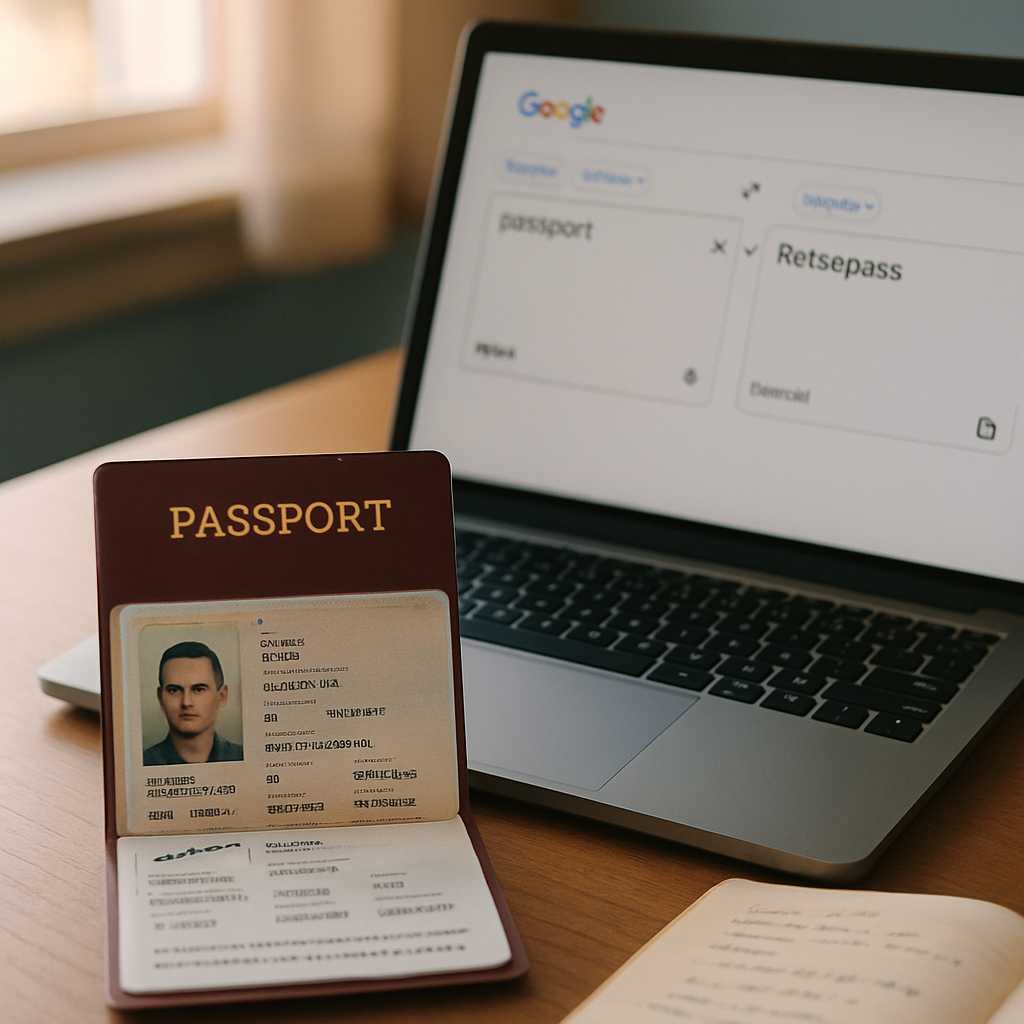 A close up shot of a passport being translated on a desk, with a laptop displaying Google Translate