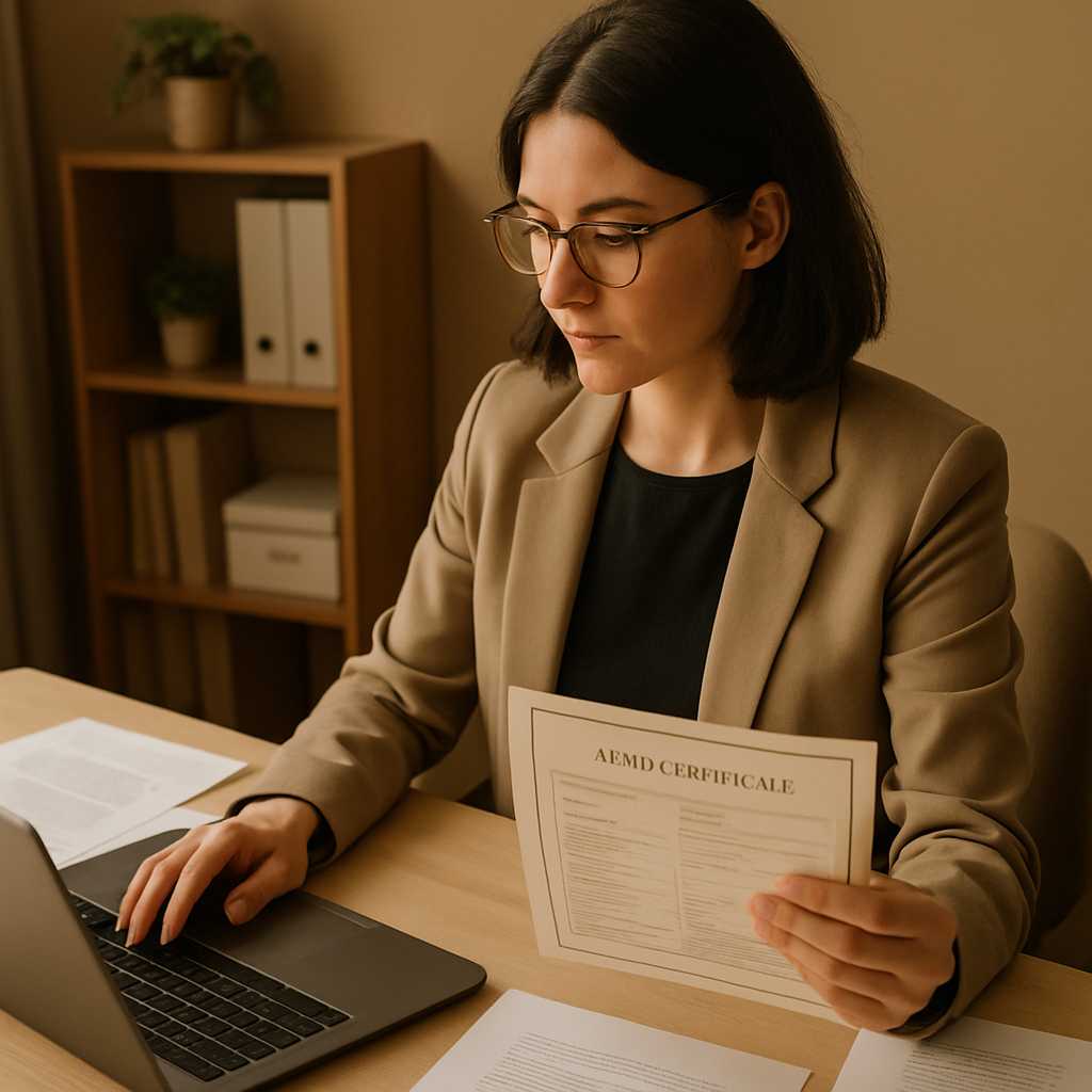 A professional workspace featuring a certified translator at their desk, surrounded by documents and