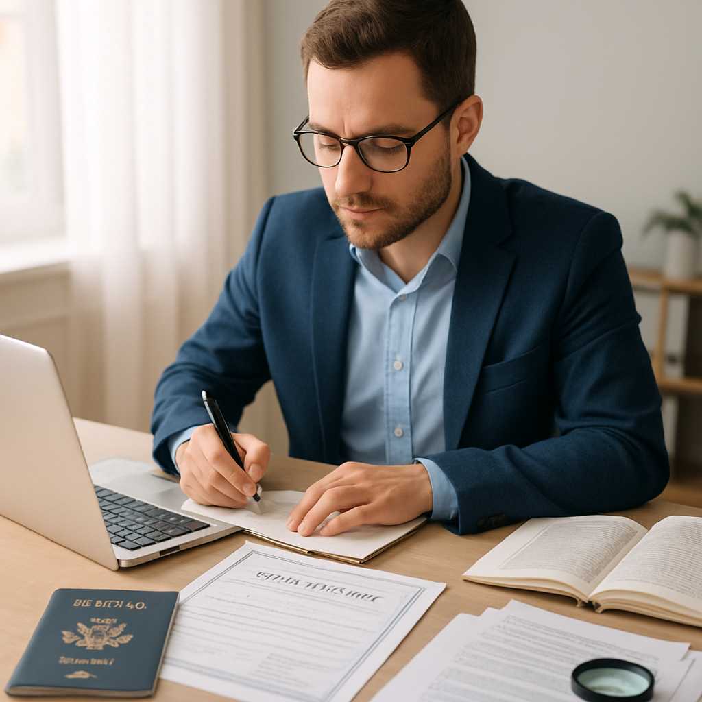 A professional image of a certified translator working at a desk, surrounded by various documents in