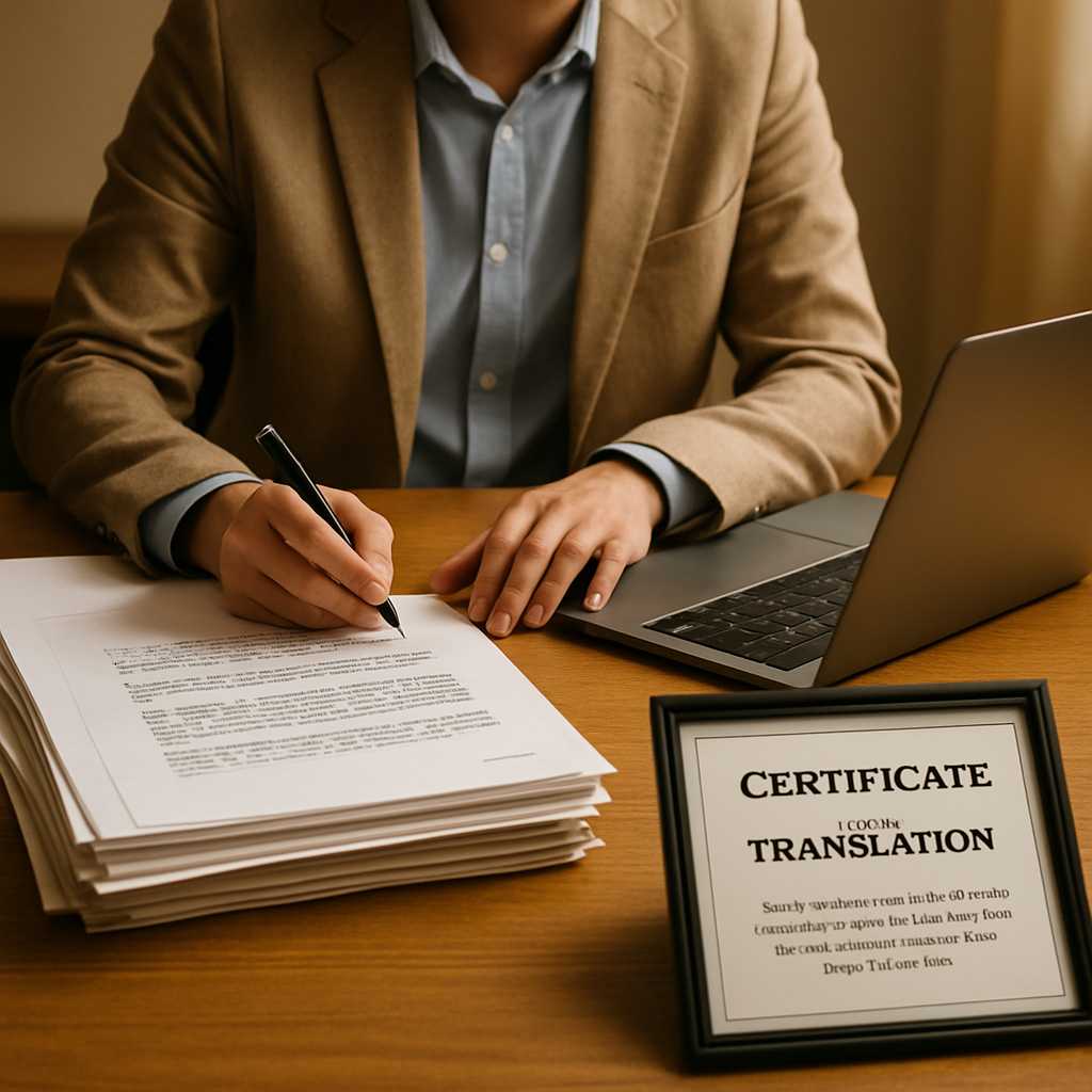 A professional image depicting a certified translator working at a desk, translating Bangla document