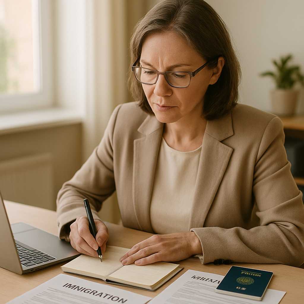 A professional image of a translator working at a desk, surrounded by immigration documents, a lapto