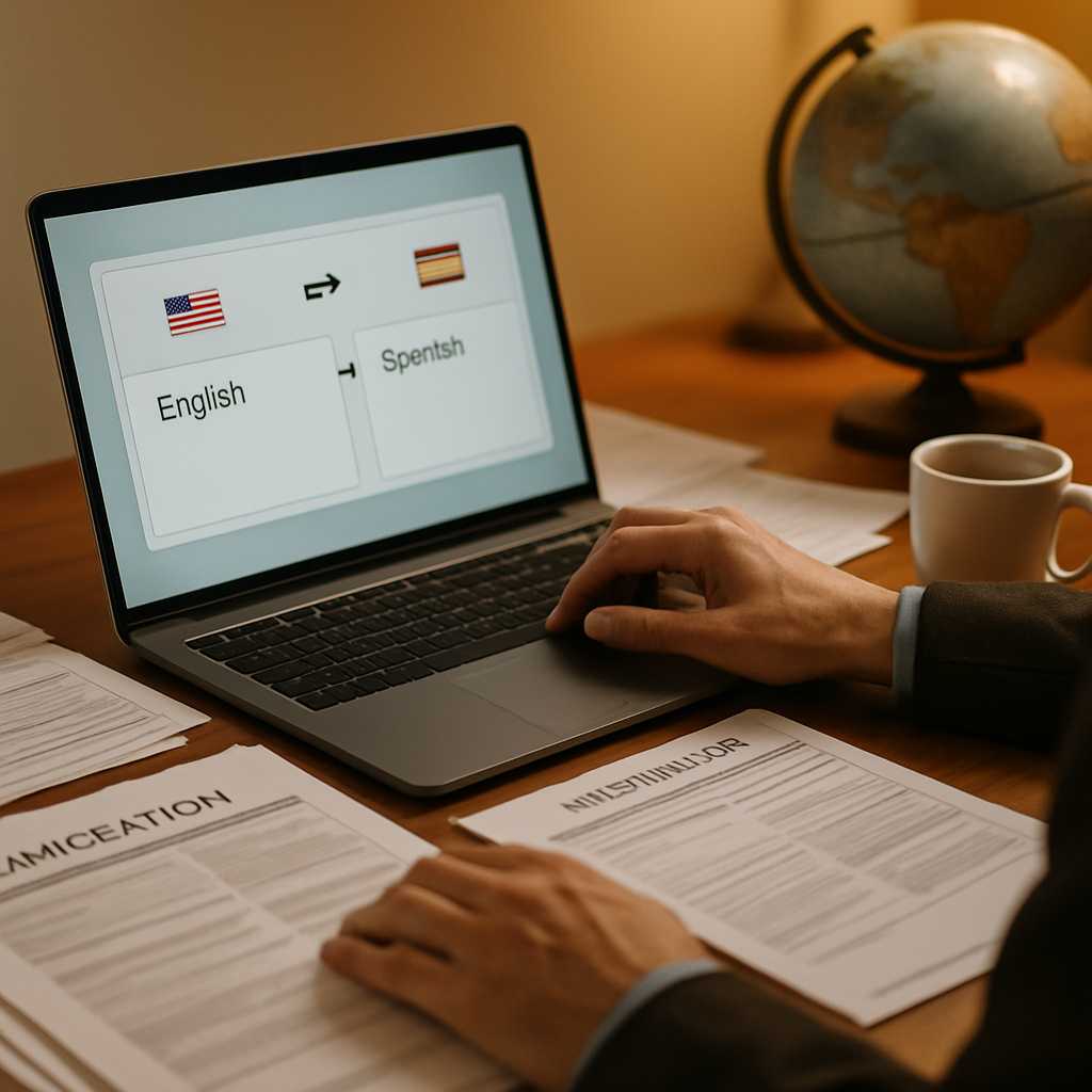 A professional setting showing a translator working on immigration documents, with a focus on a lapt
