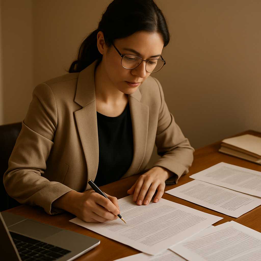 A professional image depicting a translator working diligently at a desk, surrounded by various docu