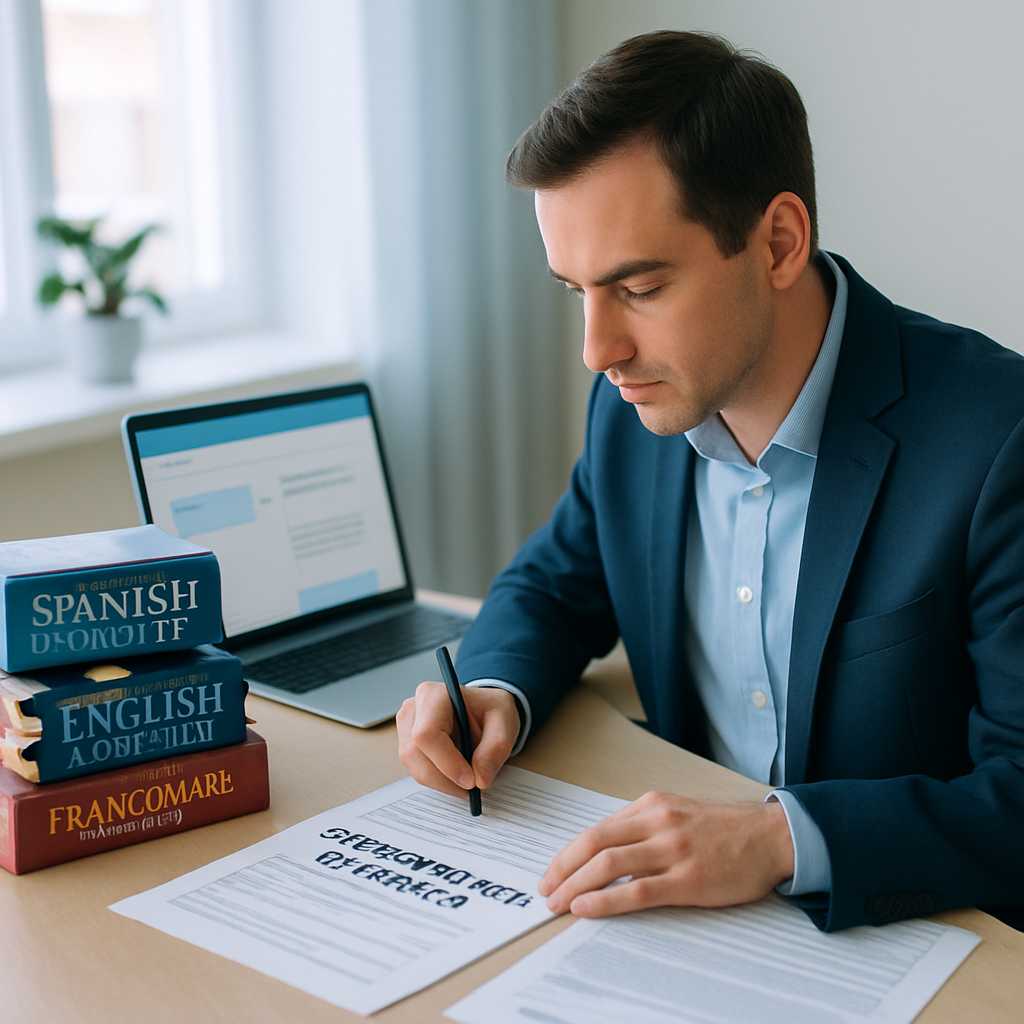 A professional setting where a translator is working on immigration documents, surrounded by various