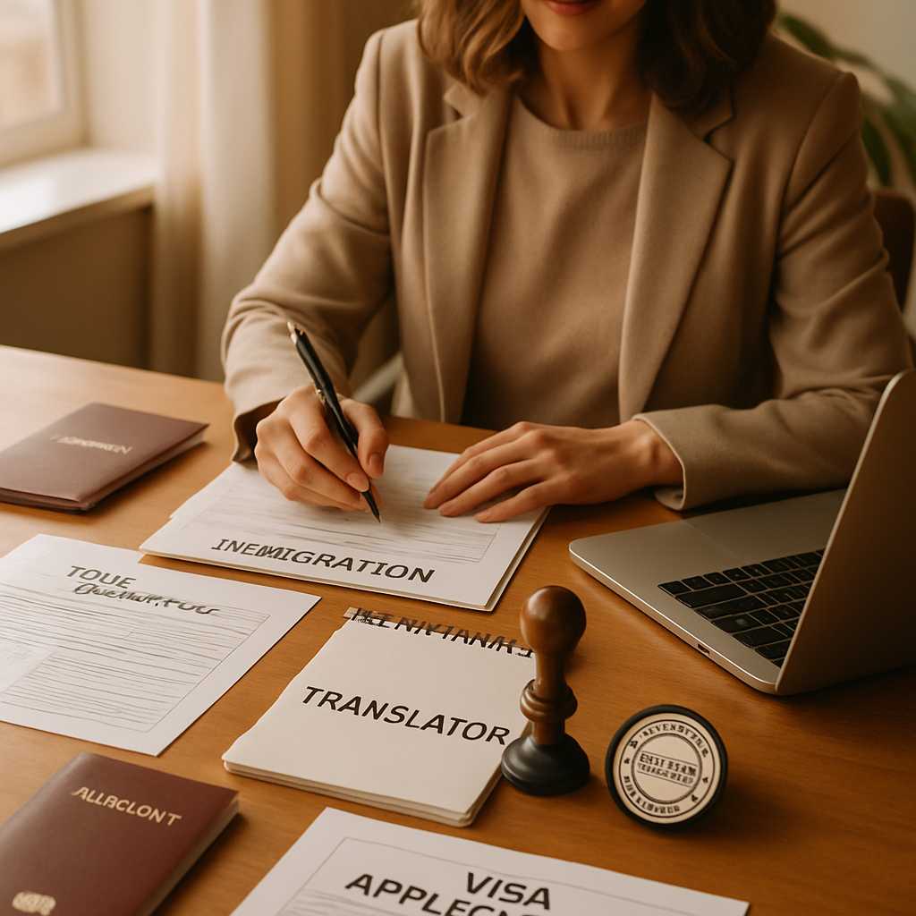 A professional editorial photograph of a translator working at a desk, surrounded by various immigra