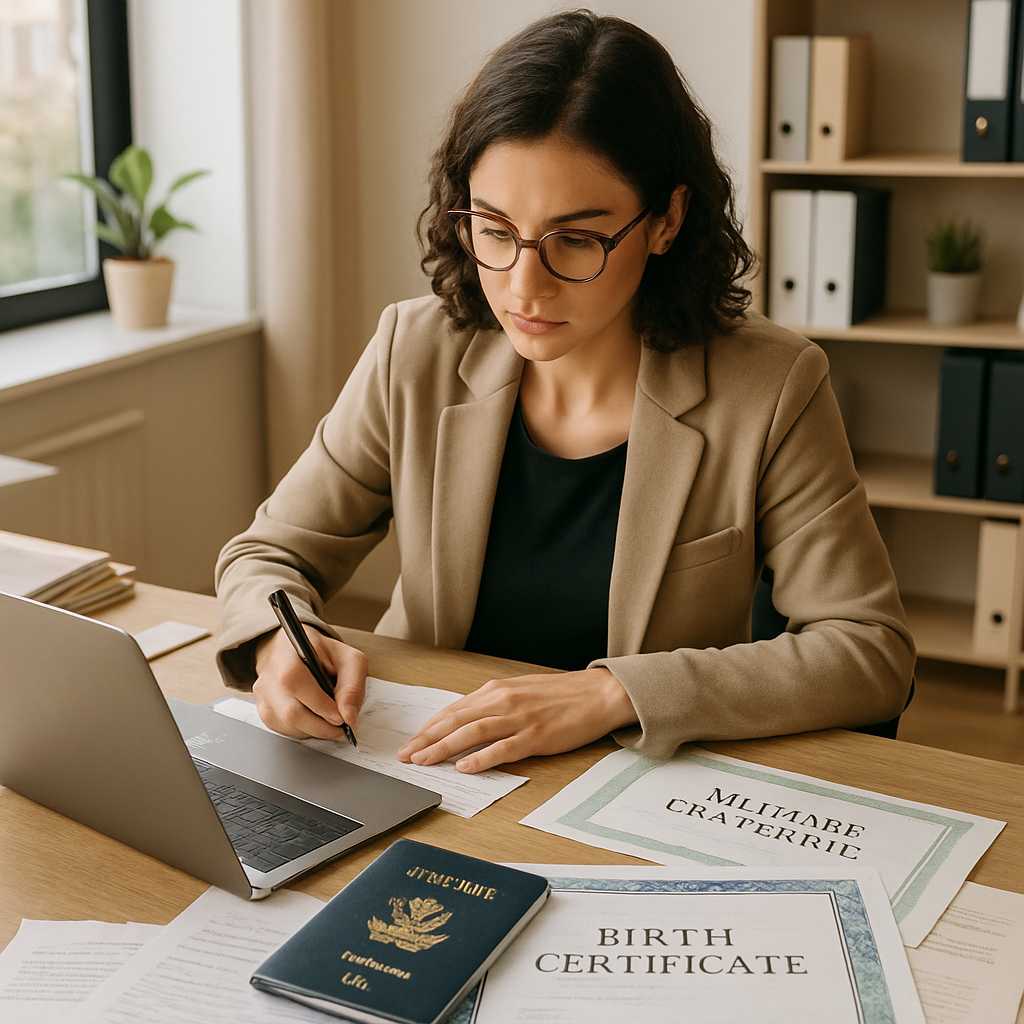 A professional office setting with a certified translator working at a desk, surrounded by various i