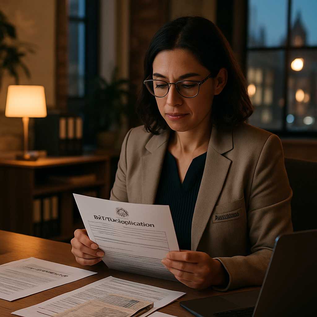 A professional office setting in London with a certified translator reviewing immigration documents
