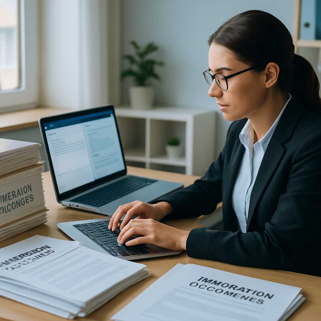 A professional office setting with a translator working diligently at a desk, surrounded by stacks o