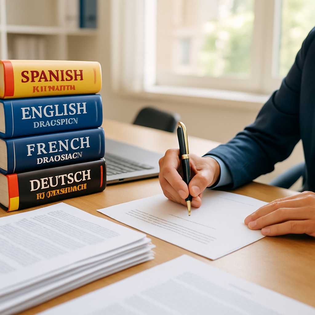 A professional office setting with a translator working on certified documents, surrounded by variou