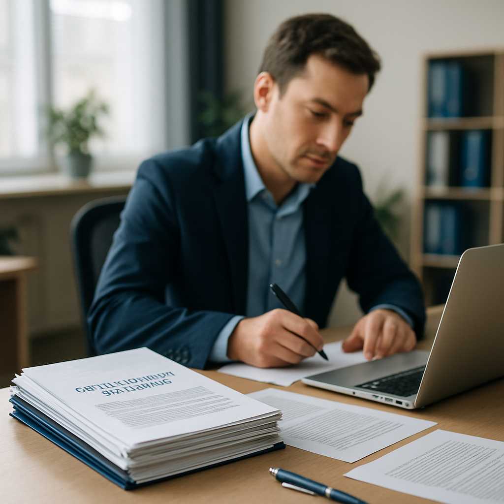 A professional office setting with a translator working at a desk, surrounded by documents and a lap