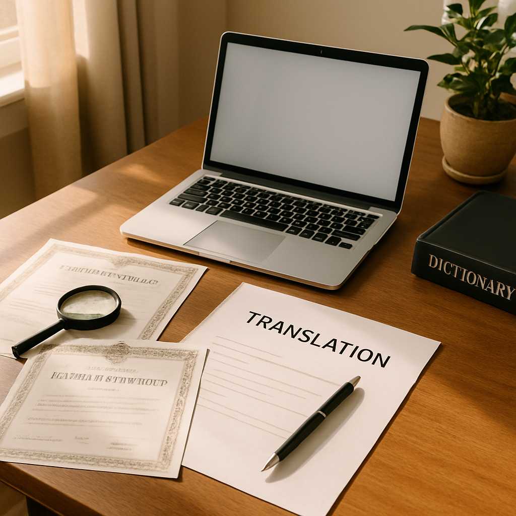 A professional workspace featuring a translator's desk with documents, a laptop, and translation too