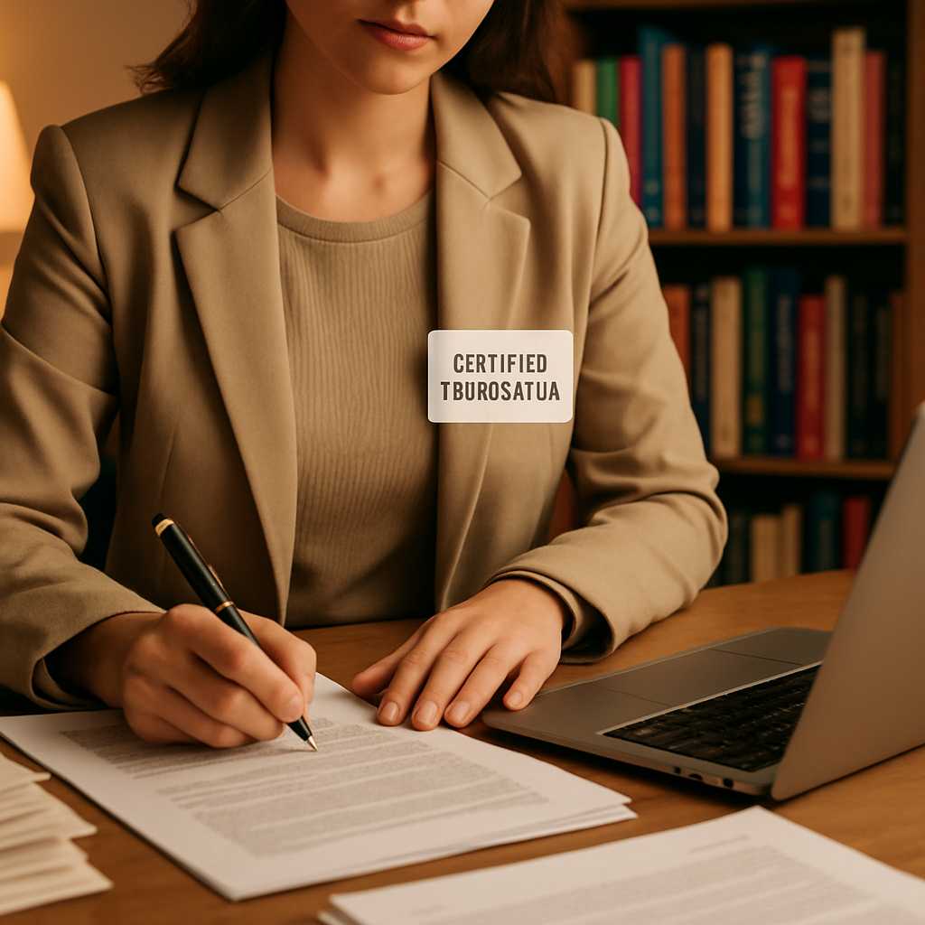 A professional image depicting a certified translator working at a desk, surrounded by documents and