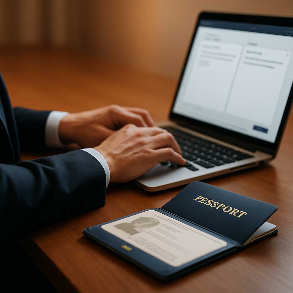 A professional image of a translator working at a desk, with a passport open and a laptop displaying