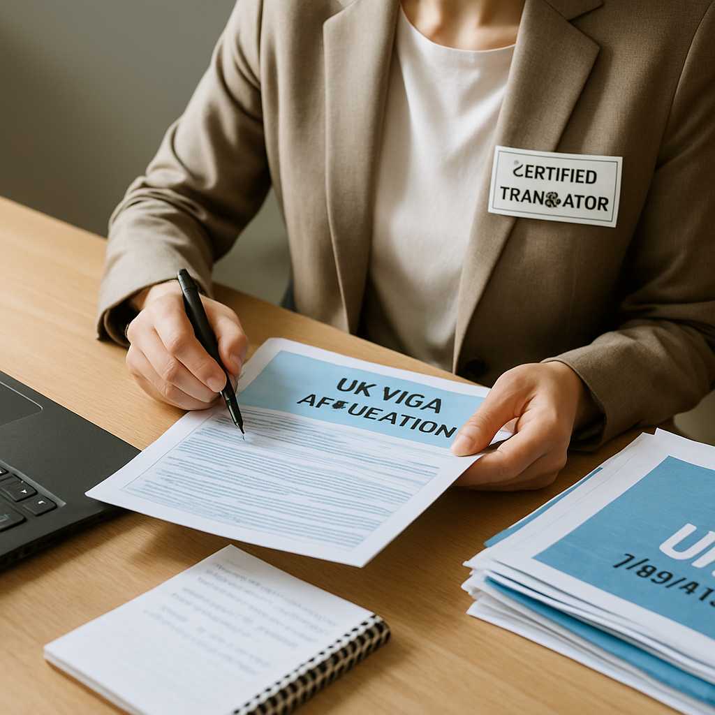 A professional workspace featuring a certified translator reviewing documents for a UK visa applicat
