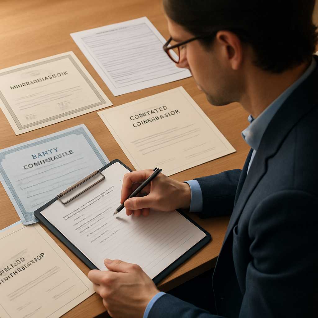 A professional and detailed image showing a certified translator working at a desk, surrounded by va