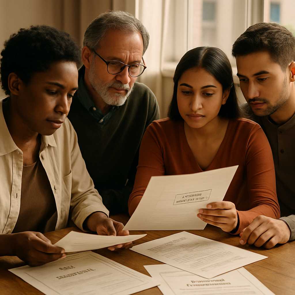 A professional editorial image showing a diverse group of individuals gathered around a table, revie