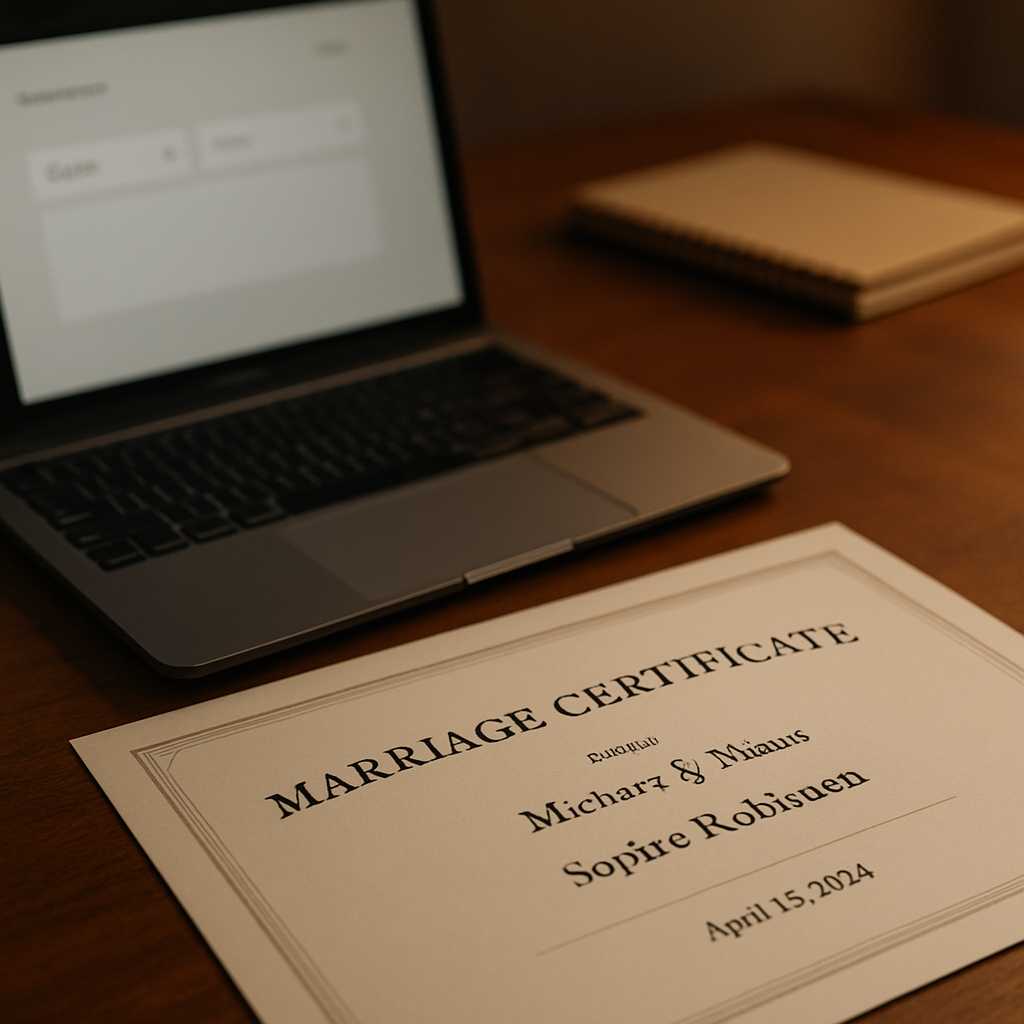 A professional image of a marriage certificate on a wooden desk, with a laptop and a notepad in the