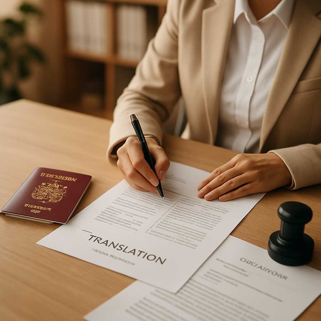 A professional setting showing a certified translator at work, translating a passport into Russian.