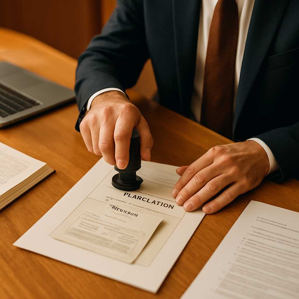 A professional image showing a close up of a notary public stamping a translated passport document,