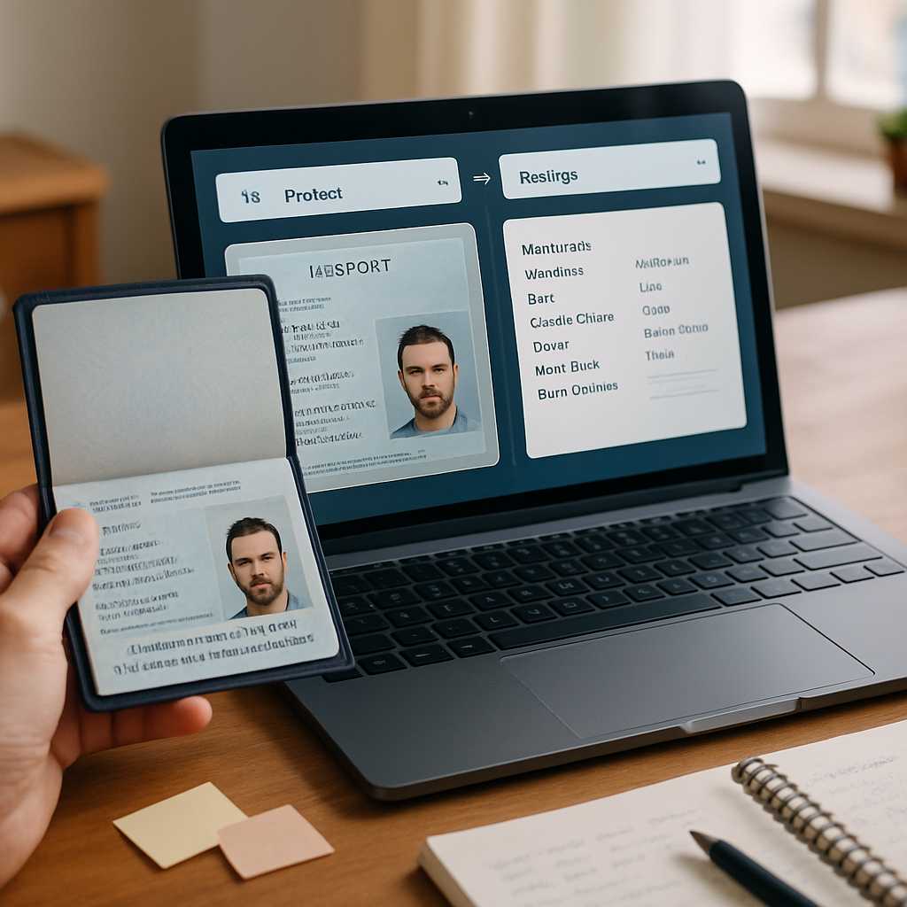 A close up shot of a passport being translated on a laptop screen, with a digital translation interf