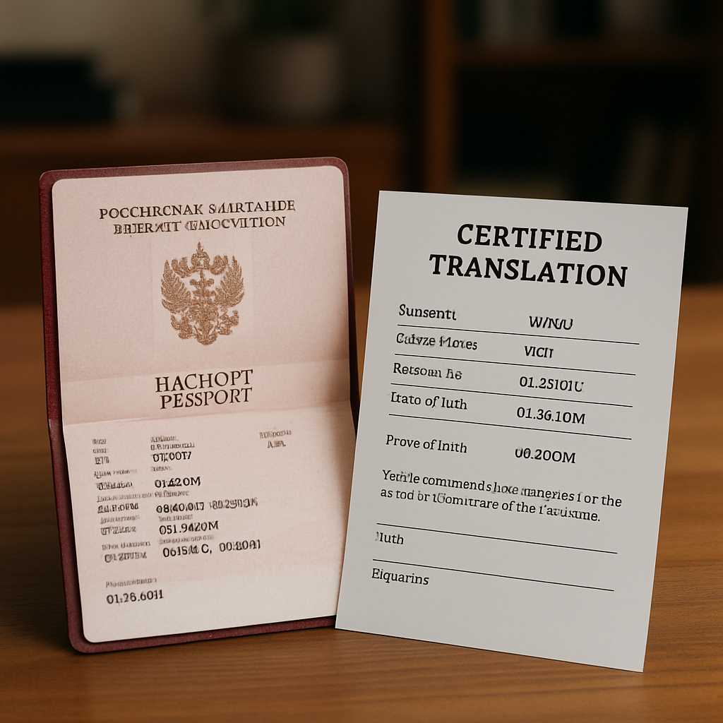 A close up, photorealistic image of a Russian passport open on a wooden desk, with a certified trans