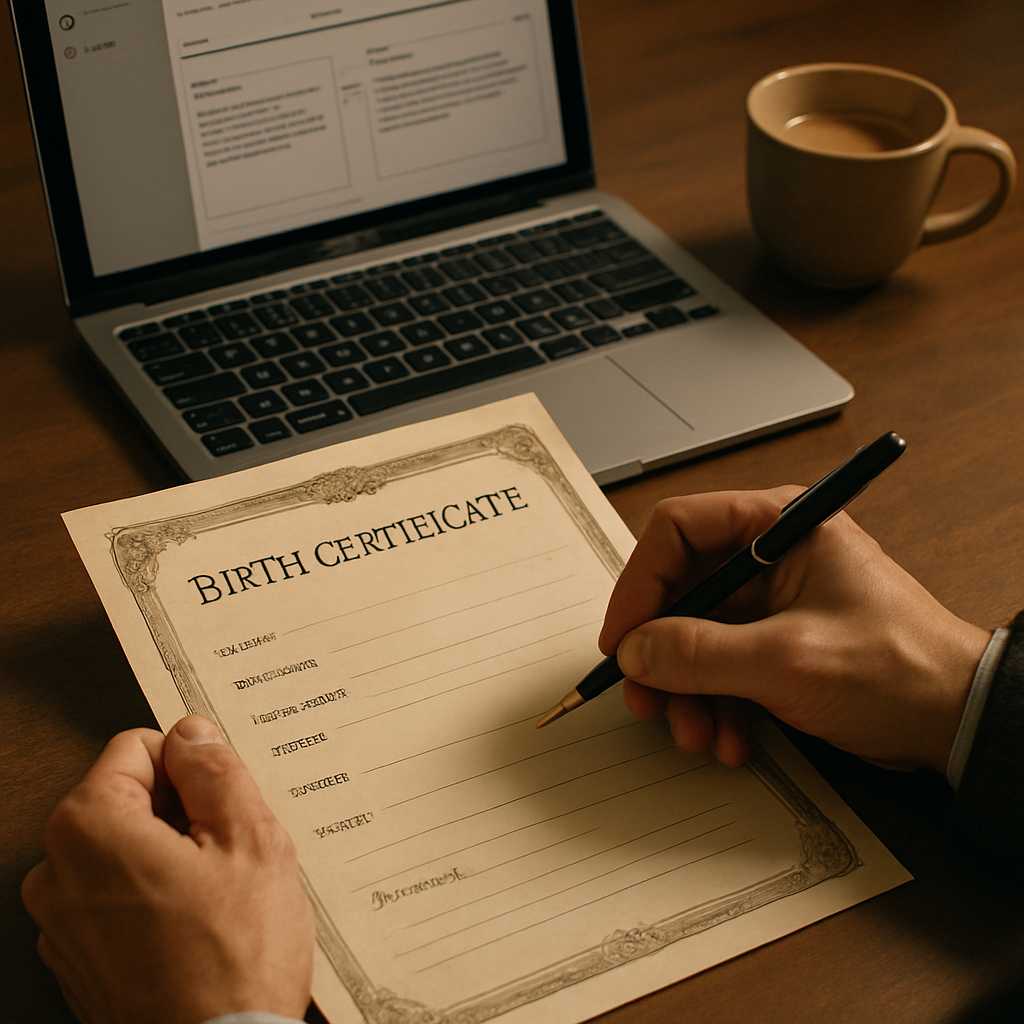 A close up shot of a birth certificate being translated on a desk, with a professional translator's