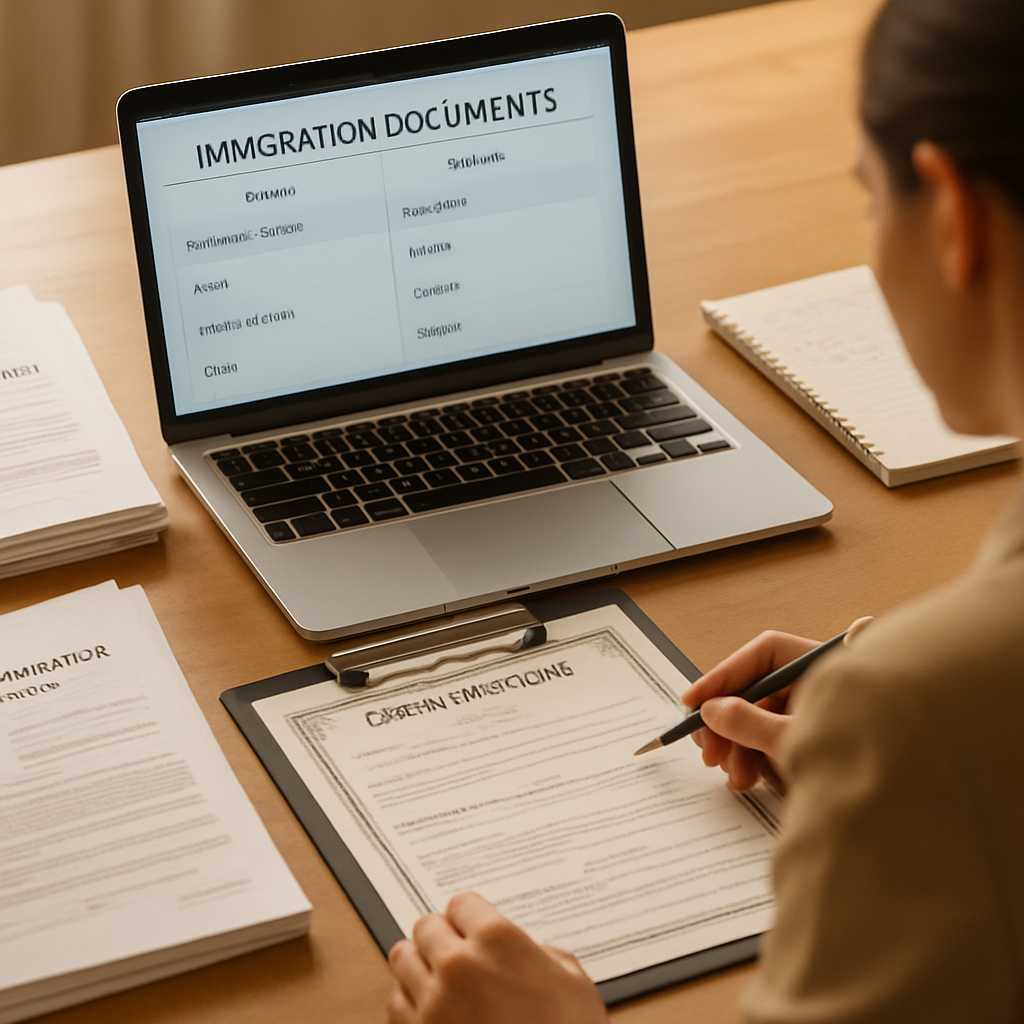 A professional setting showing a translator working on immigration documents, with a focus on a birt