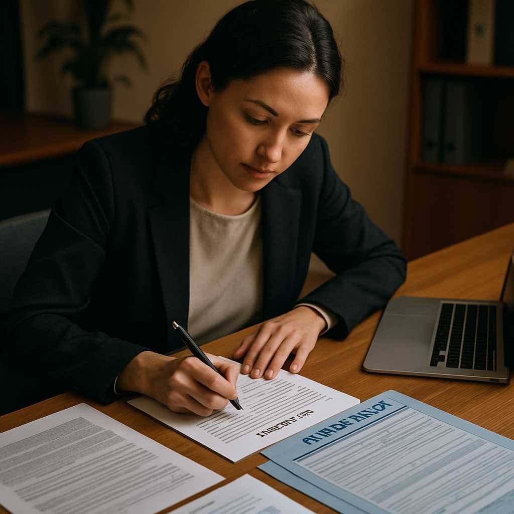 A professional office setting with a translator working on immigration documents, surrounded by vari