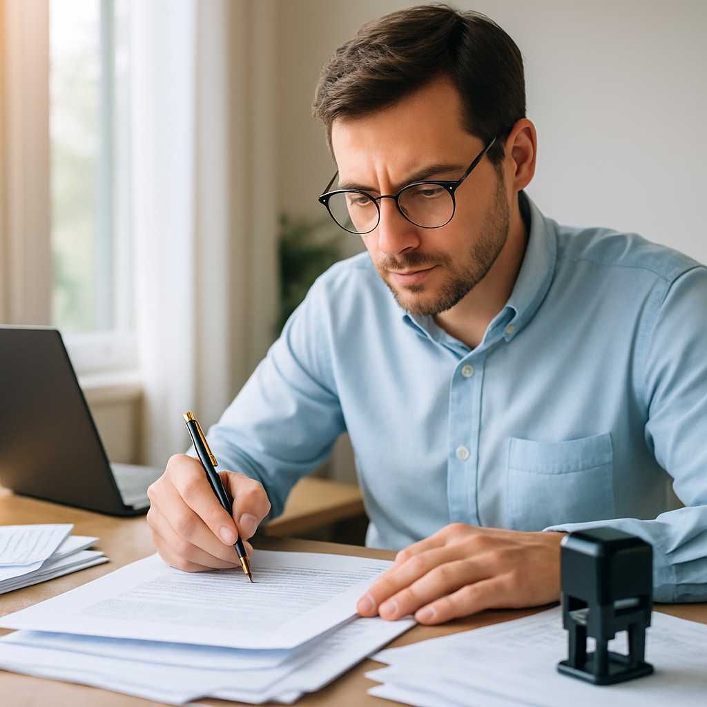 A professional image of a certified translator at work, focused on a desk cluttered with documents,