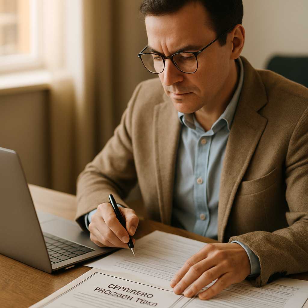 A close up shot of a professional translator working at a desk, surrounded by documents and a laptop