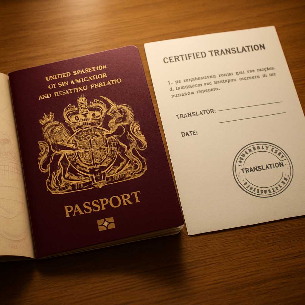 A close up, photorealistic image of a UK passport open on a wooden table, with a certified translati