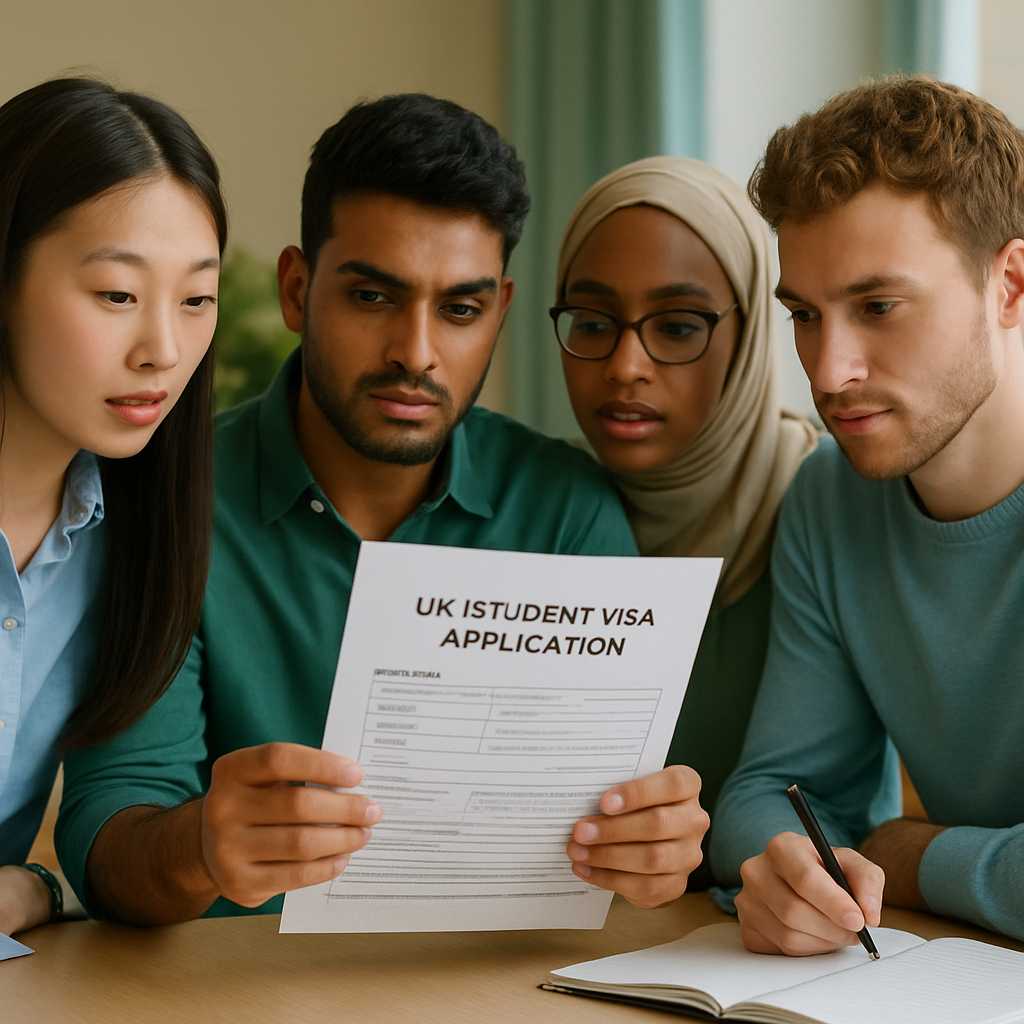 A professional image of a diverse group of international students sitting at a table, reviewing thei