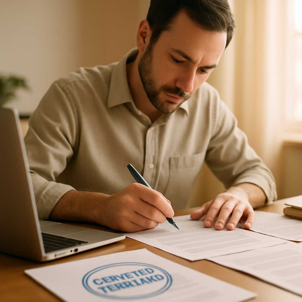 A professional image showing a close up of a certified translator working at a desk, surrounded by d