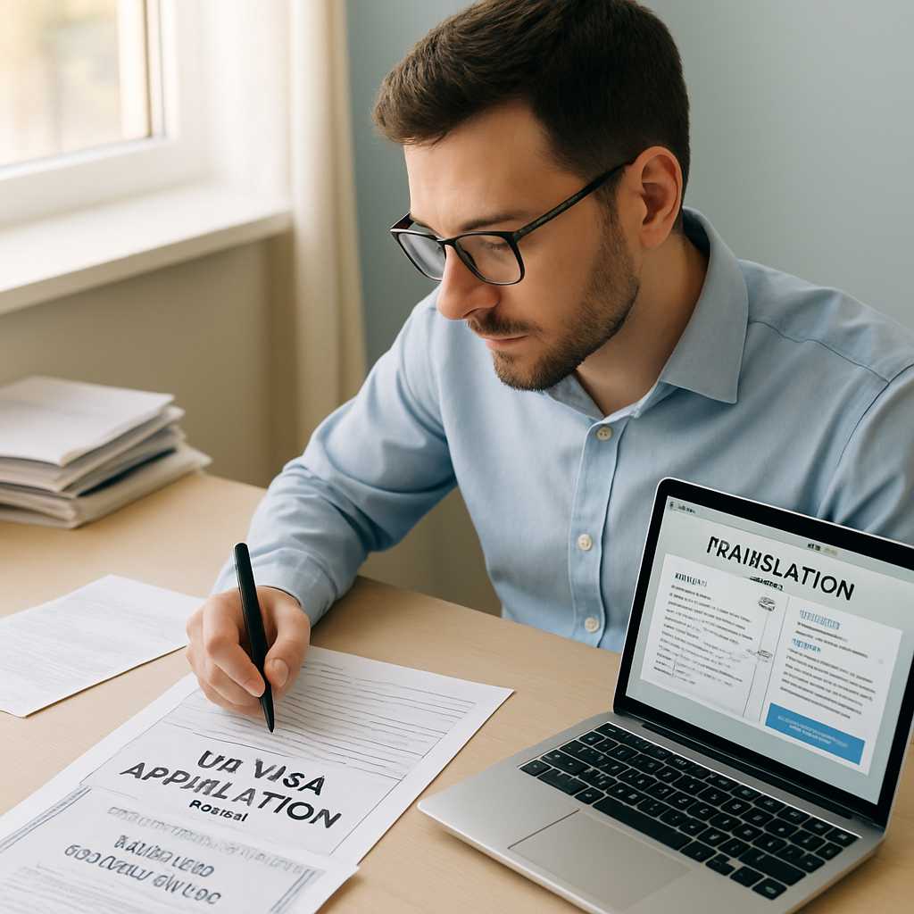 A professional photograph of a translator working at a desk, surrounded by various documents includi