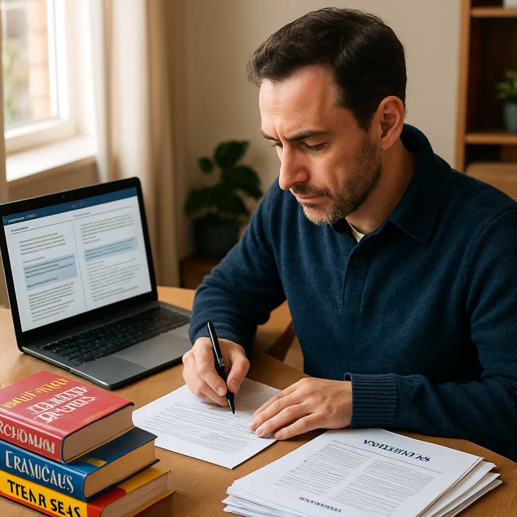 A professional workspace featuring a UKVI approved translator at a desk, surrounded by translation t