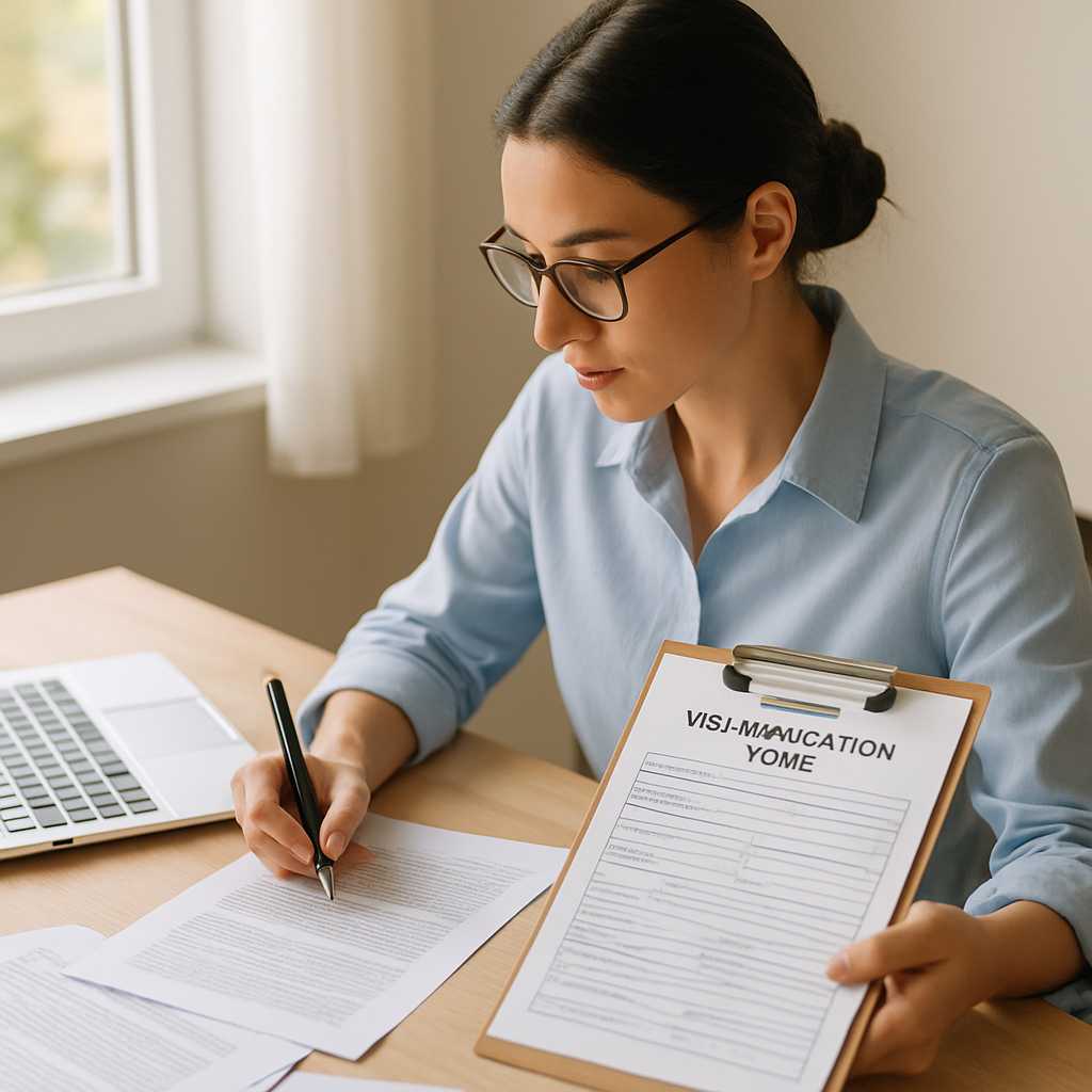 A professional image of a UKVI approved translator working at a desk, surrounded by documents and a